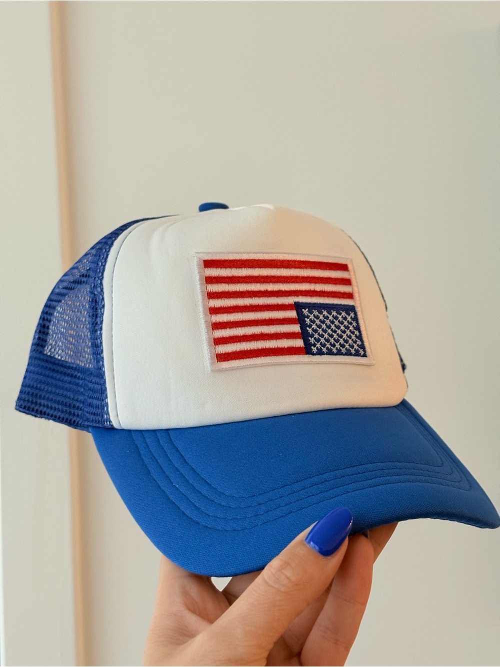 Blue & White Trucker Hat with American Flag Patch